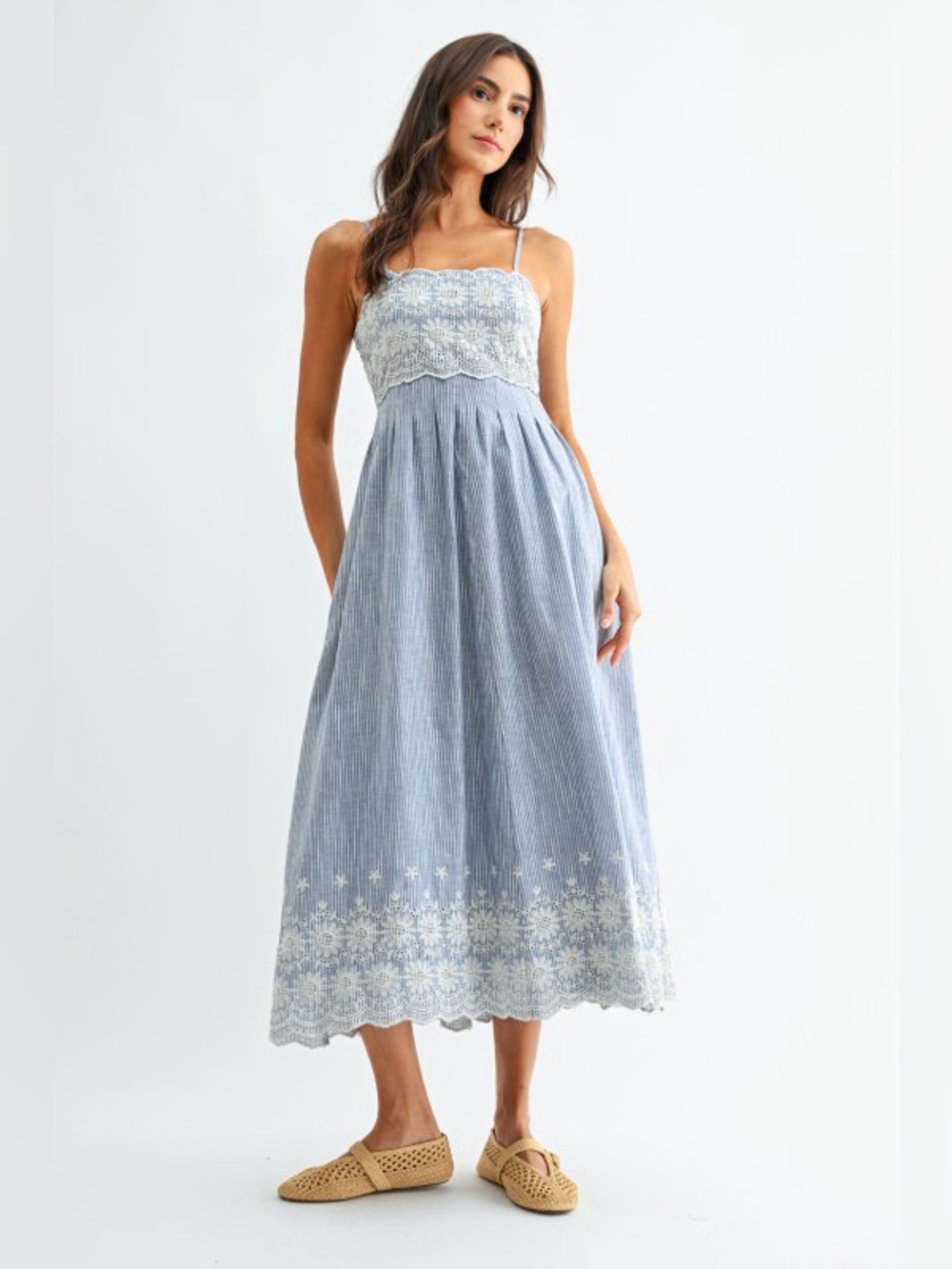 Camellia Light Blue Striped Midi Dress with White Embroidered Bodice